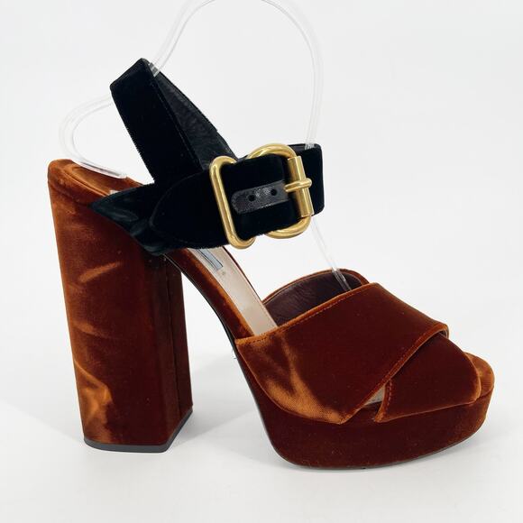 Prada Bicolor Velvet Block-heel Chunky Platform Sandal In Black-Tabacco IT 40 - Picture 3 of 13